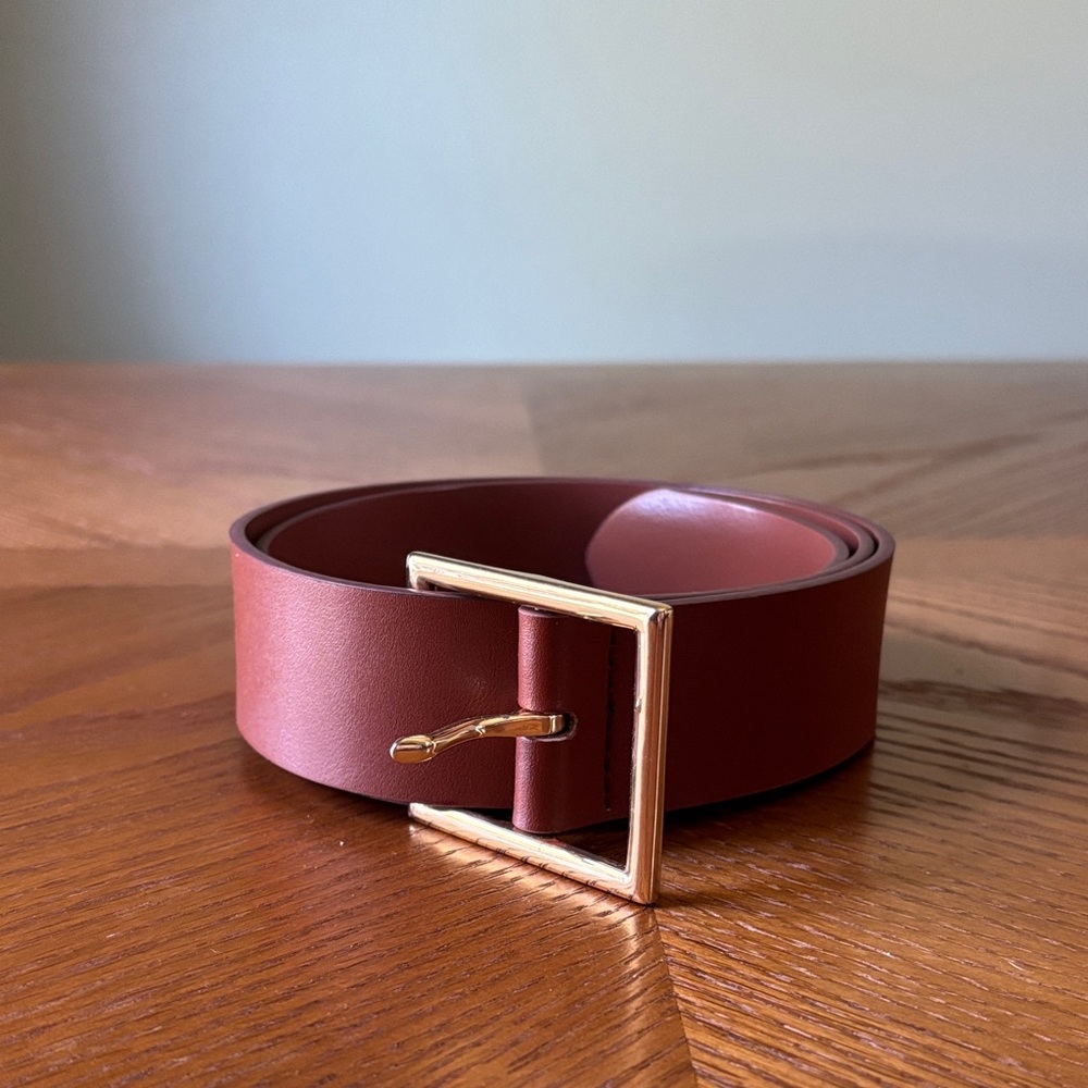 Medium Brown Leather Belt with Square Gold Hardware